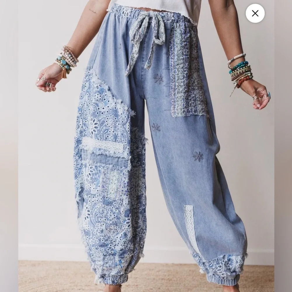 POL Bali Sunset Pants Soft Patchwork Denim - Picture 1 of 3